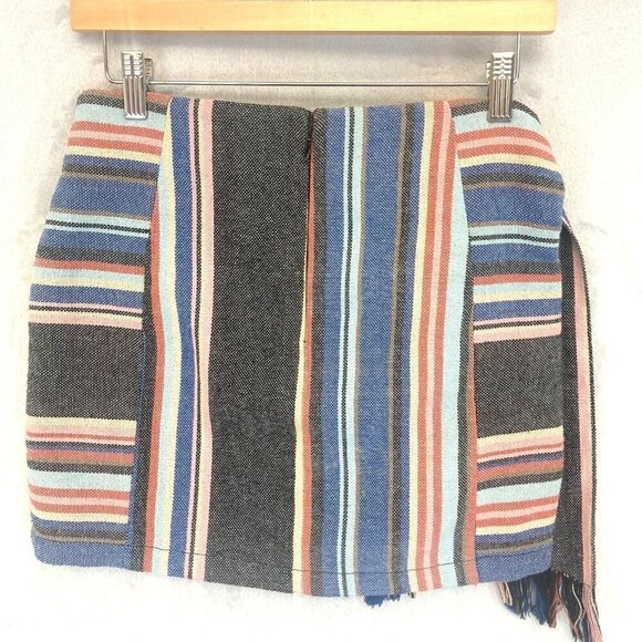 Guess Silas Woven Mini Skirt Womens Size 0 Striped Boho Multicolor Belted Fringe - Picture 2 of 9